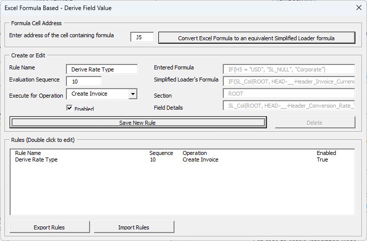 Excel Formula Based - Derive Field Value. Save Rule - Simplified Loader Excel for Oracle Fusion Cloud ERP